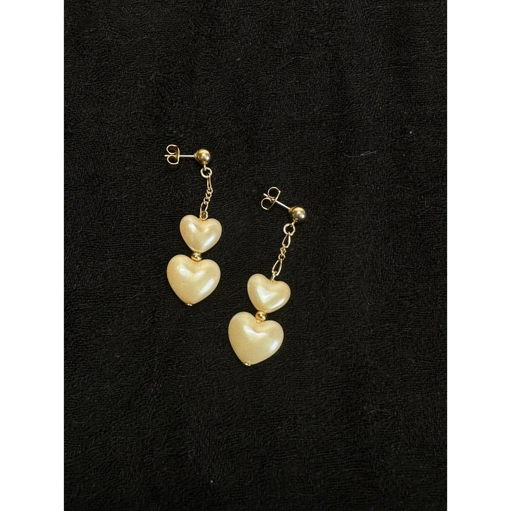 Vintage Heart Pearl Drop Earrings Cream Gold  Tone Tiered Dangle